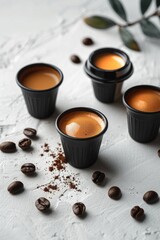 Poster - A photo of three cups of coffee on a table with coffee beans