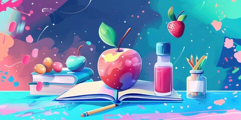 Poster - A book with an apple and a bottle of liquid on top, possibly used as a prop or symbol