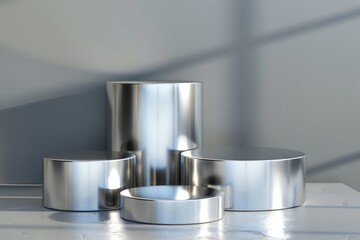 Poster - A group of metal containers sitting on a table, ideal for use in interior design or product photography