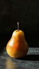 Wall Mural -  A lone pear rests atop a table near a dark wall, casting a shadow beneath it