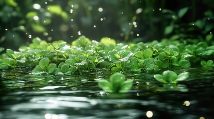 Sticker - Rain Drops on Lush Green Leaves in a Forest Pond