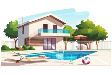 Wall Mural - A residential home with a backyard featuring a swimming pool and lounge chairs, ideal for outdoor relaxation