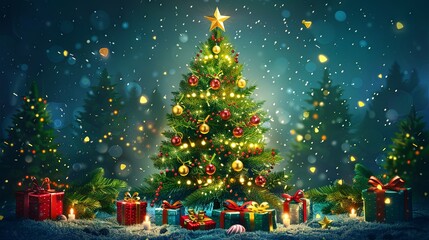 A Christmas tree adorned with an Xmas star, ornaments, and lights. This green fir or pine is beautifully decorated with gift boxes, a glowing garland, a bell tied with a red ribbon, stockings