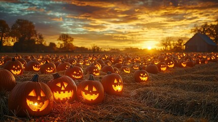 Wall Mural -   A field filled with Jack-o'-lanterns carved from pumpkins