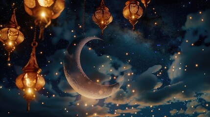Aufkleber - A peaceful night scene with a crescent moon and hanging lanterns