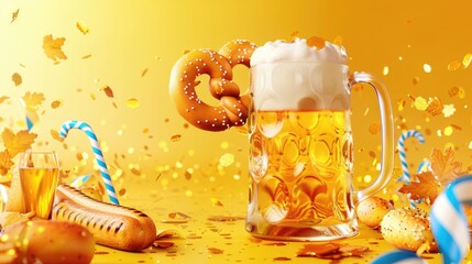 Poster - A classic pairing, a mug of beer accompanied by a soft pretzel and another nearby
