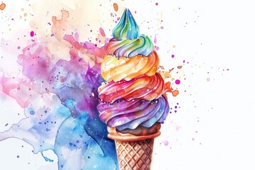 Poster - A colorful watercolor illustration of a classic ice cream cone with various flavors
