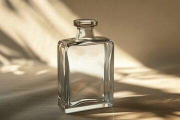 Poster - A clear glass bottle sitting on a table, ideal for use as a prop or decorative element in your project