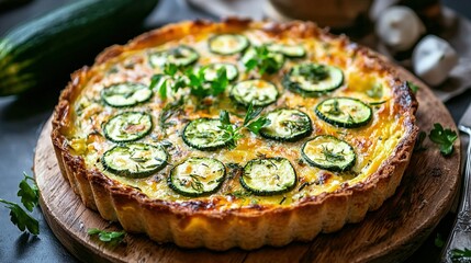 Poster -   A quiche featuring zucchini and cheese, artfully arranged on a cutting board alongside a knife and assorted veggies