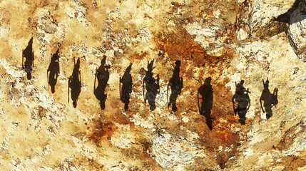 Poster -   A group of people lined up on a rock with their shadows cast on its side