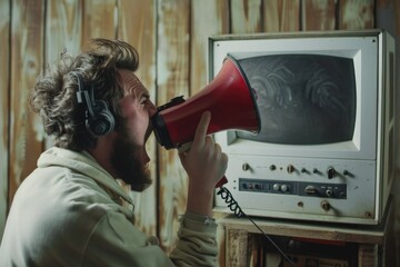 Aufkleber - A person wearing headphones and holding a bright red megaphone, shouting loudly
