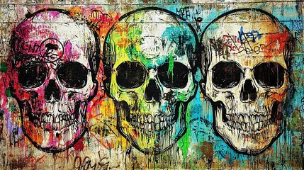 Canvas Print -   Three skulls on wall with graffiti and bow-adorned skull