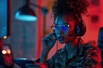 Aufkleber - A person sitting with headphones and glasses using a smartphone