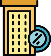 Poster - Colorful icon representing a building with a half price deal, ideal for illustrating real estate discounts
