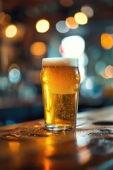 Poster - A glass of beer placed on top of a wooden table, perfect for a casual gathering or outdoor event