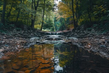 Poster - A serene scene of a river flowing through a lush green forest, perfect for nature and outdoor themed projects
