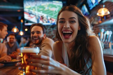 Poster - A woman holding a glass of beer in a bar setting