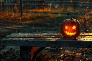 Wall Mural - A carved pumpkin sits atop a wooden bench, perfect for fall decor or Halloween themes