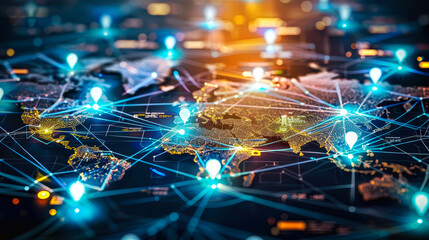 Poster - global network connectivity concept at night with map and digital pins, depicting social media inter