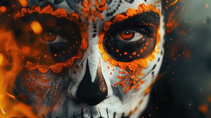 Aufkleber - A person's face is painted like a skull, a Halloween-themed look