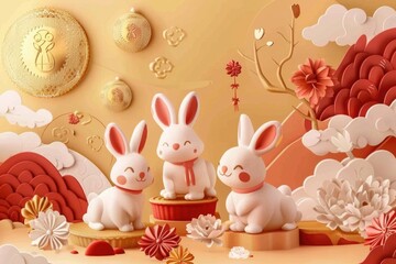 Poster - Two white rabbits perched on a table, looking cute and curious