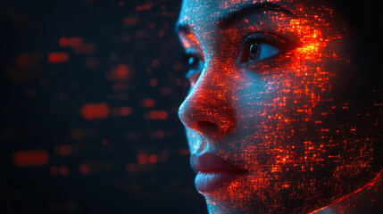Poster - Digital Identity Concept, Human Face with Algorithmic Aura, AI Integration, Futuristic Technology, Night Mood, Detailed Patterns, Exploring AI in Identity, Conceptual Art