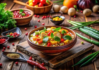 Traditional Misu Dish Served with Fresh Ingredients on a Rustic Wooden Table for Culinary Enjoyment