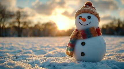 Poster -   A snowman with a knitted hat and scarf stands in the snow as the sun sets in the background