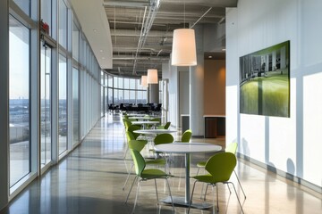 A modern and minimalist office space with large windows overlooking the city, featuring sleek white walls, polished concrete floors, comfortable seating areas including round tables Generative AI