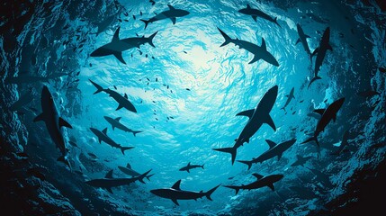 Underwater ocean scene featuring sharks and schools of fish, viewed from below