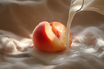 Wall Mural - Milk pouring over a peach on white fabric.