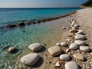 Serene beach with white stones and turquoise waters, a perfect getaway.