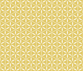 Poster - Simple vector gold and white seamless pattern. Abstract floral geometric ornament. Golden background with flower silhouettes, leaves, lines, hexagonal grid, lattice. Luxury repeatable geo design