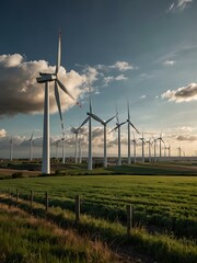 Serene cityscape with wind turbines in the foreground.