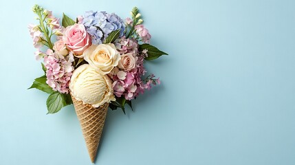 Canvas Print -   A blue background features a bouquet of pink and purple flowers on top of an ice cream cone