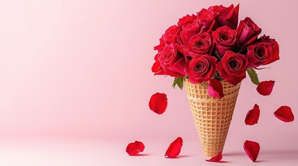 Wall Mural -   Ice cream cone with roses in a pink background, scattering petals around the bouquet