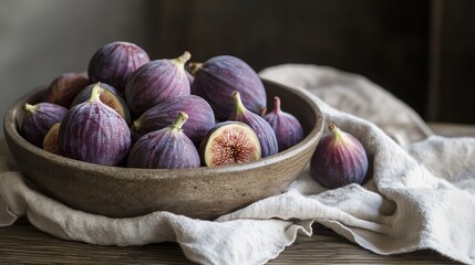 Canvas Print -  A wooden bowl holds ripe figs, while the adjacent white cloth displays sliced figs