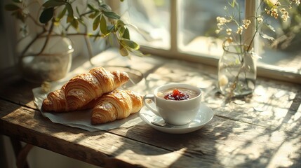   Croissants and coffee on a table with flowers