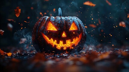 Wall Mural -   A Jack-o'-lantern pumpkin illuminates in the night, emitting smoke through its mouth