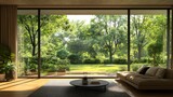 A 3D rendering of a modern living room with a garden view.There are big windows that look out over the surrounding landscape and garden.