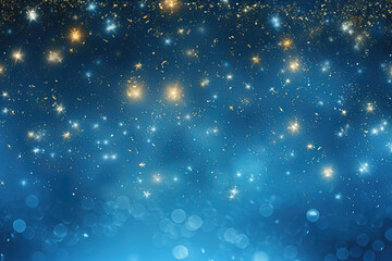 Poster - Blue background with silver and gold snowflake particles and blurred bokeh sparkles