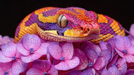 Wall Mural -   A vivid close-up of a rainbow snake perched above lilac blossoms, surrounded by pastel pink petals