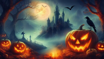 Halloween pumpkins with glowing faces on dark horror castle background.