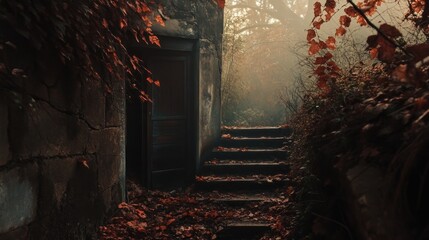 Poster - Mysterious Stone Doorway in Autumn Fog