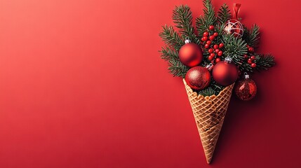 Sticker -   A red-table hosts a pine cone adorned with Christmas decorations