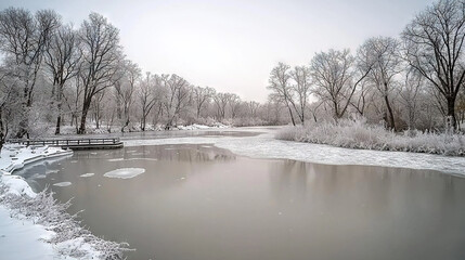 Wall Mural -   River with bench in middle, snow on ground, trees in background