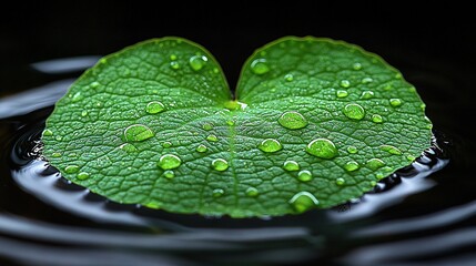 Poster -   Green leaf floats on water, dotted with drops