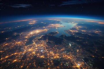 Wall Mural - Futuristic city aerial view at night. Structure of sci-fi metropolis with neon lights from the bird view