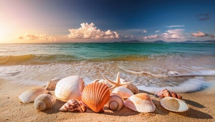  Landscape with seashells on tropical beach - summer holiday 