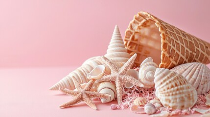 Poster -   Seashells and starfish on a pink background with an ice cream cone on top